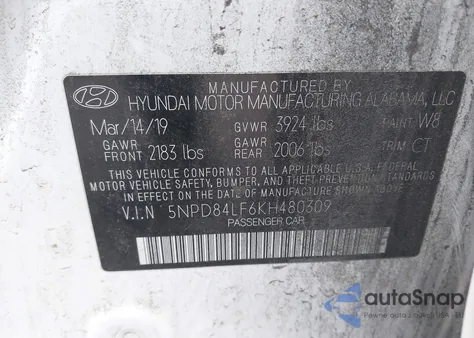 2019 Hyundai Elantra Sel z USA, uszkodzony, nr VIN 5NPD84LF6KH480309